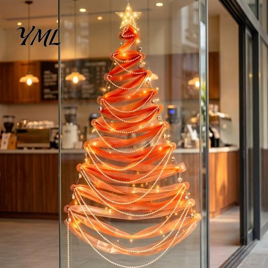 DIY Holiday Fabric Tree Decor Lighted Christmas Kit, Hanging Ornament Set Space Saving for Window Wall, Handmade Craft with LED Lights Luminous