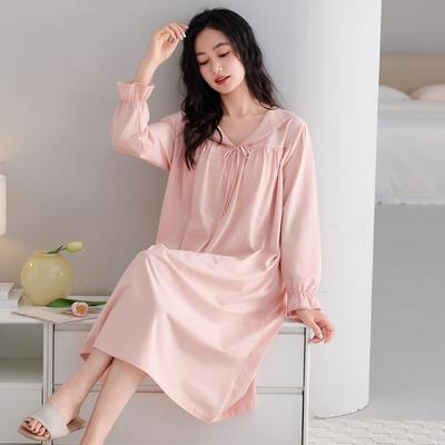 Robe de nuit pour femme Printemps et Automne Coton Pur Manches Longues Automne Avec Coussinets de Poitrine Décontractée Mi-longue Vêtement d'intérieur