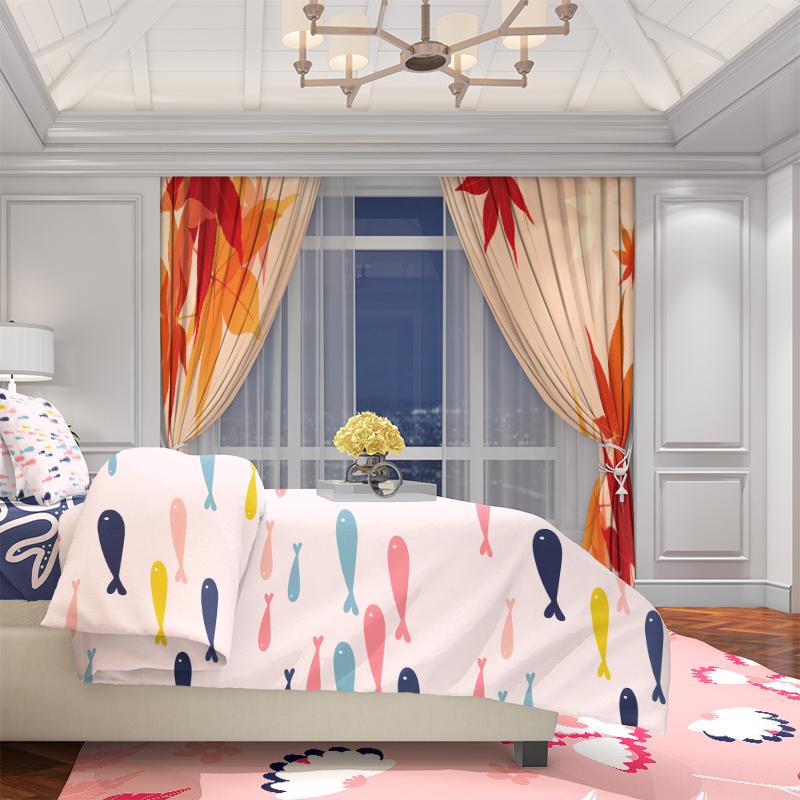 2PCS- Red Maple Leaf - Printed Curtain - Polyester Material - Suitable for Bedroom, Living Room, Study Private Space