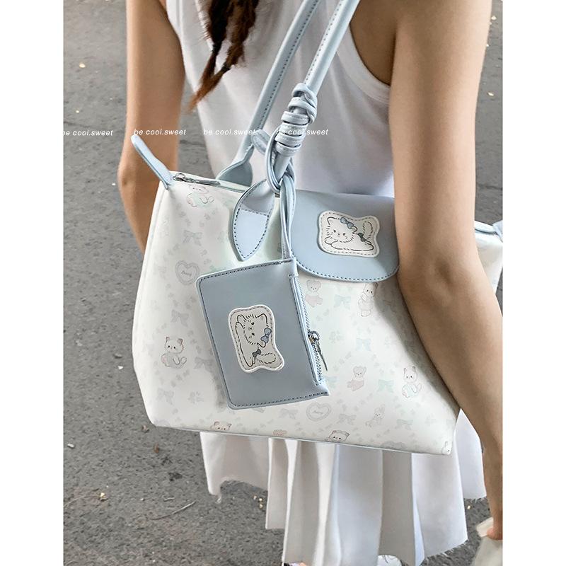 Korean Version of Summer Blue Kitten Print Handbag Bag for Women 2025 New Fashion Tote Bag Large Capacity Underarm Bag
