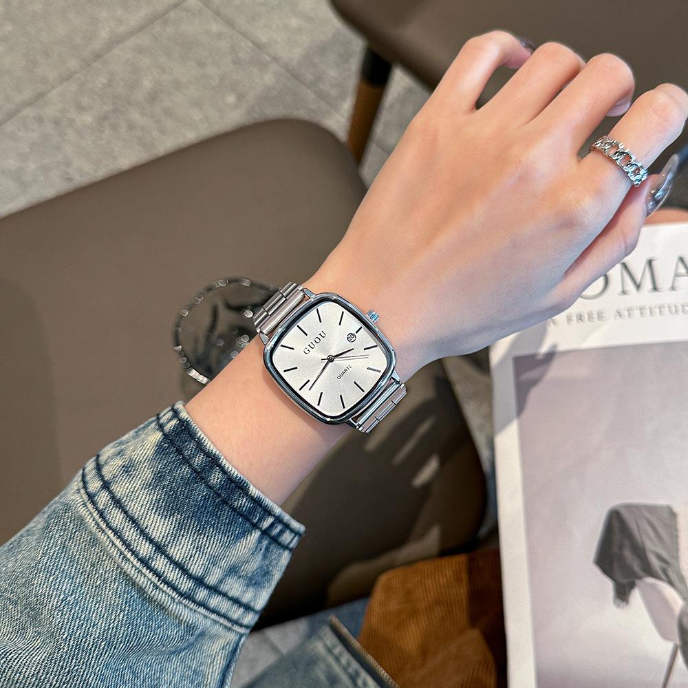 New Japanese Retro Style Watch Square Women'S Watch, Couple'S Watch With Calendar, Simple And Elegant Large Dial, Unique Design.