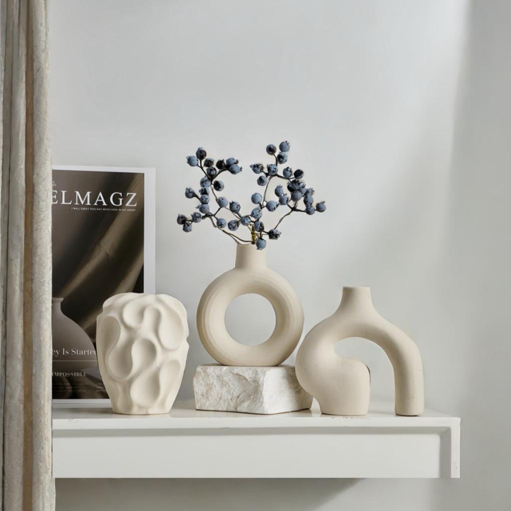 3pcs Boho Ceramic Vase Set, Geometric Pattern, Ideal for Trendy Home Decor, Living Room, Entryway, Coffee Table - No Battery Required, Decorative Gift