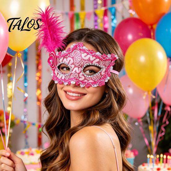 Photogenic Masquerade Mask Halloween Princess Half Face Mask, Venetian Party Elegant with Lace Feather Rhinestones, Adjustable Ribbon Women Accessory