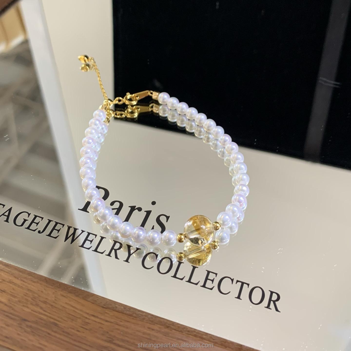 New Trendy Style Happiness Pearl Bracelet with Natural Citrine and Solid Silver Acc Adjustable Length Bracelet adjustable&4-4.5mm золотой