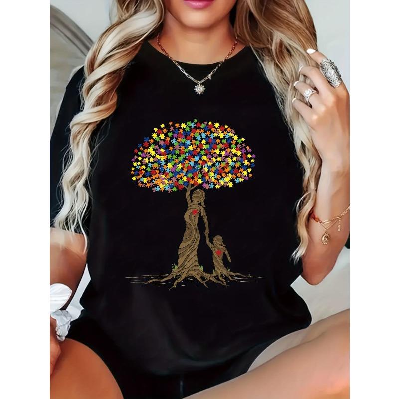 

European Size Women S Autism Awareness Support T-Shirt - Colorful Puzzle Tree Design with&Symbol,Relaxed Fit Short Sleeve Round Neck Top,Casual Shirt S чёрный