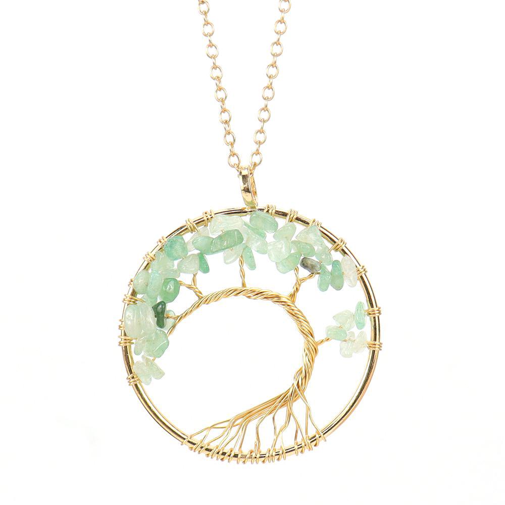 Gold Wire-Wrapped Tree of Life Necklace with Natural Crystal Crushed Stone