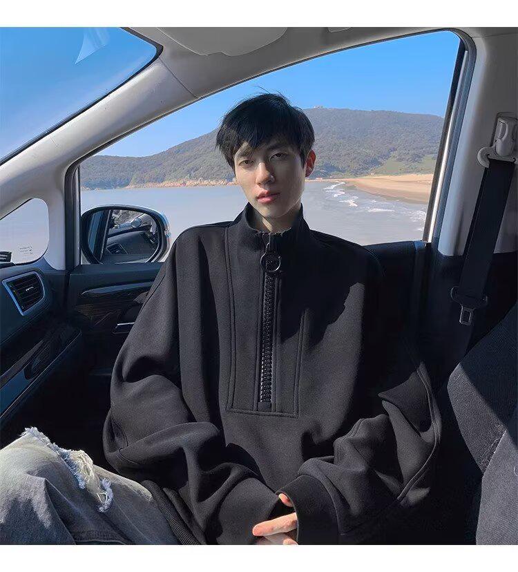 Herren Dekonstruierter Halbreißverschluss Schwerer Hoodie - Herbst/Winter Trend, Lockerer Nischen-Design Freizeitpullover