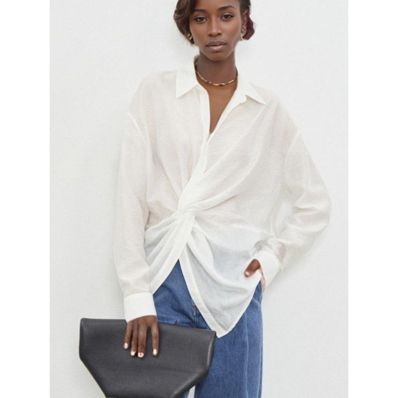 

Women s Twist Front Long Sleeve Blouse Oversized Collared Asymmetrical Hem Casual Summer Top S