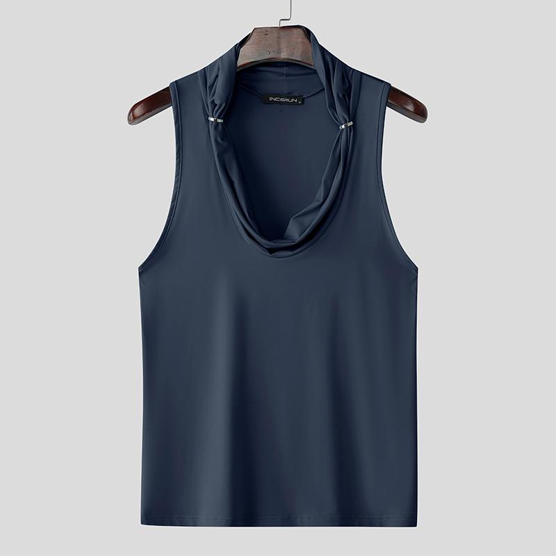 

INCERUN Men Swing Collar Sleeveless Solid Color Fitted Tank Tops M темно-синий
