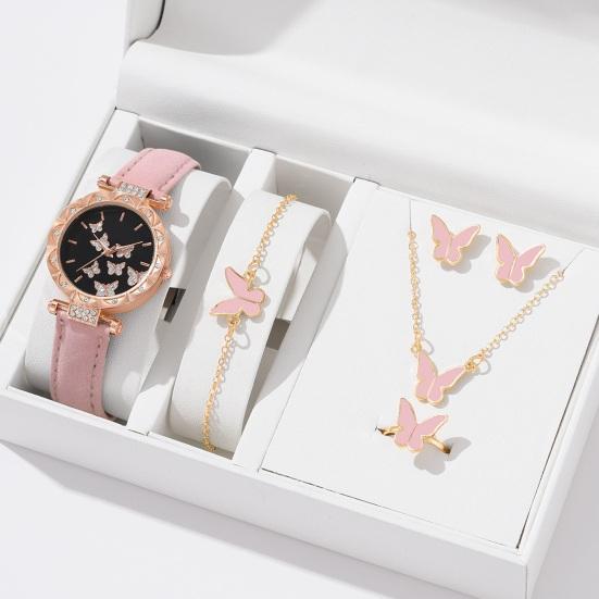 Yousheng 1 Set Women Watch Necklace Bracelet Ring Ear Studs Rhinestone Butterflies Round Faux Leather Strap Ladies Dress Wrist Watch Fashion Jewelry