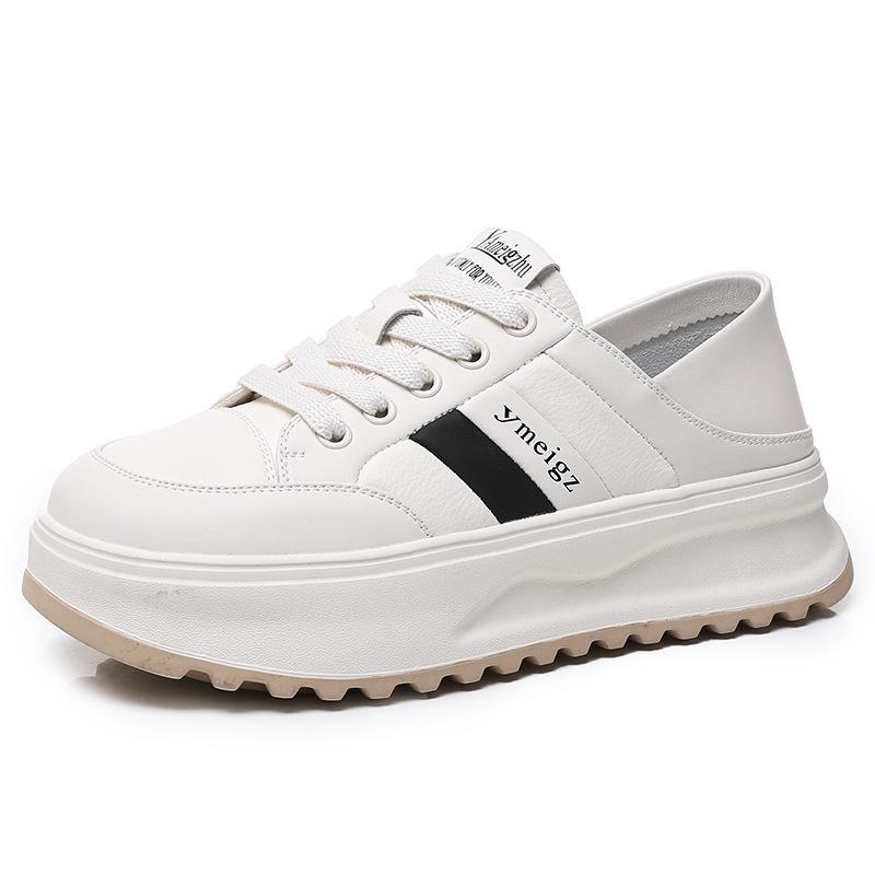 Genuine Leather White Round Toe Sneakers - Versatile Thick Sole, Flat Bottom, Two-Wear Sports Casual Women's Skate Shoes