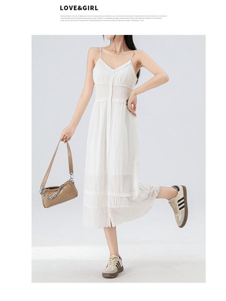 Damen Französisch Inspiriertes Weißes Sommer Trägerkleid, Neuer Stil 2025, Mittellang, Alleskönner, Rein & Elegant.