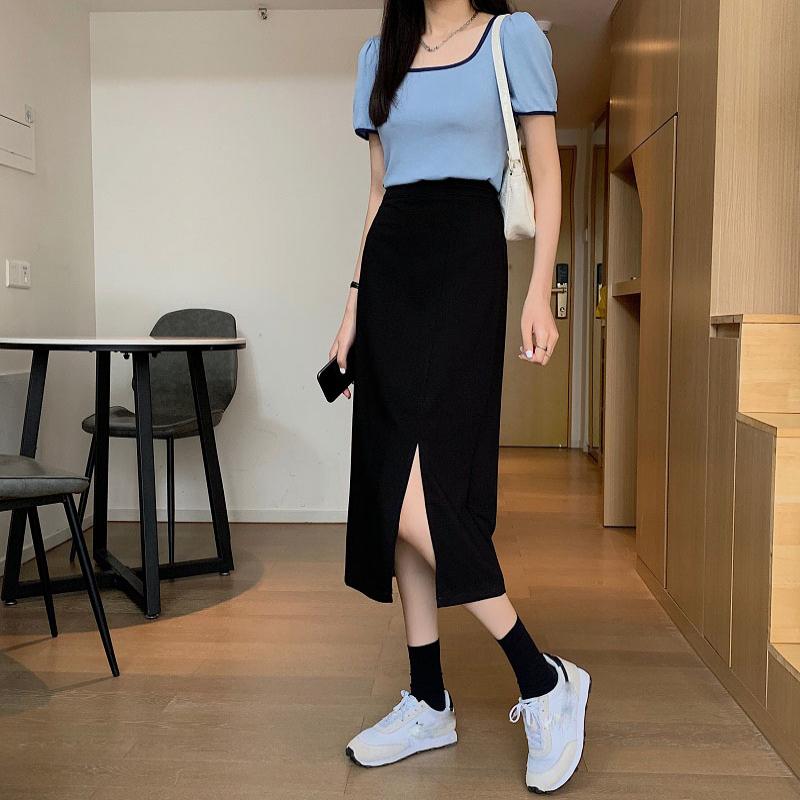 Saia Feminina Preta Cintura Alta Fenda Lateral Comprimento Midi Saia Feminina Elástica Slim Linha A Retrô Elegante Versátil Simples Moda