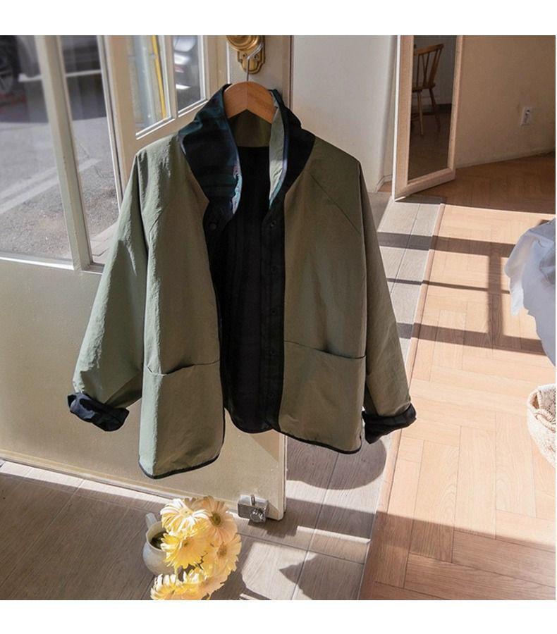 Women's Versatile Reversible Plaid Short Jacket - Korean Style, Spring/Autumn 2025, Loose Fit, Small Size Trench Coat