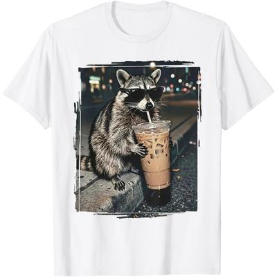 Raccoon Drinking Iced Coffee Funny Animal Meme T-shirt Men and Women Summer Cotton Clothing Short Sleeved Tee