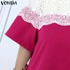 VONDA Summer Women Round Neck Long Sleeve Lace Patchwork Straight Mini Dress
