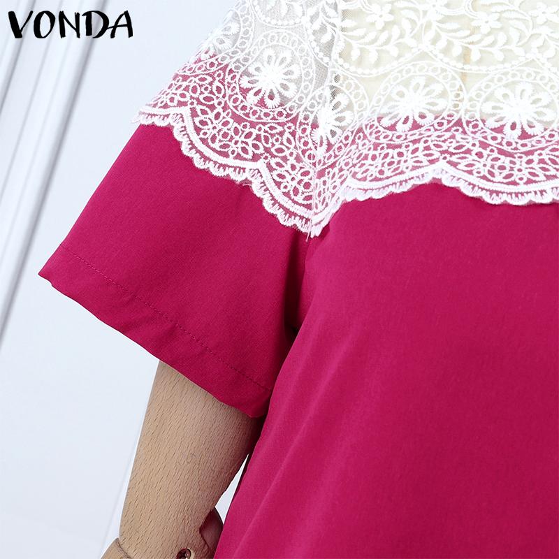 VONDA Summer Women Round Neck Long Sleeve Lace Patchwork Straight Mini Dress