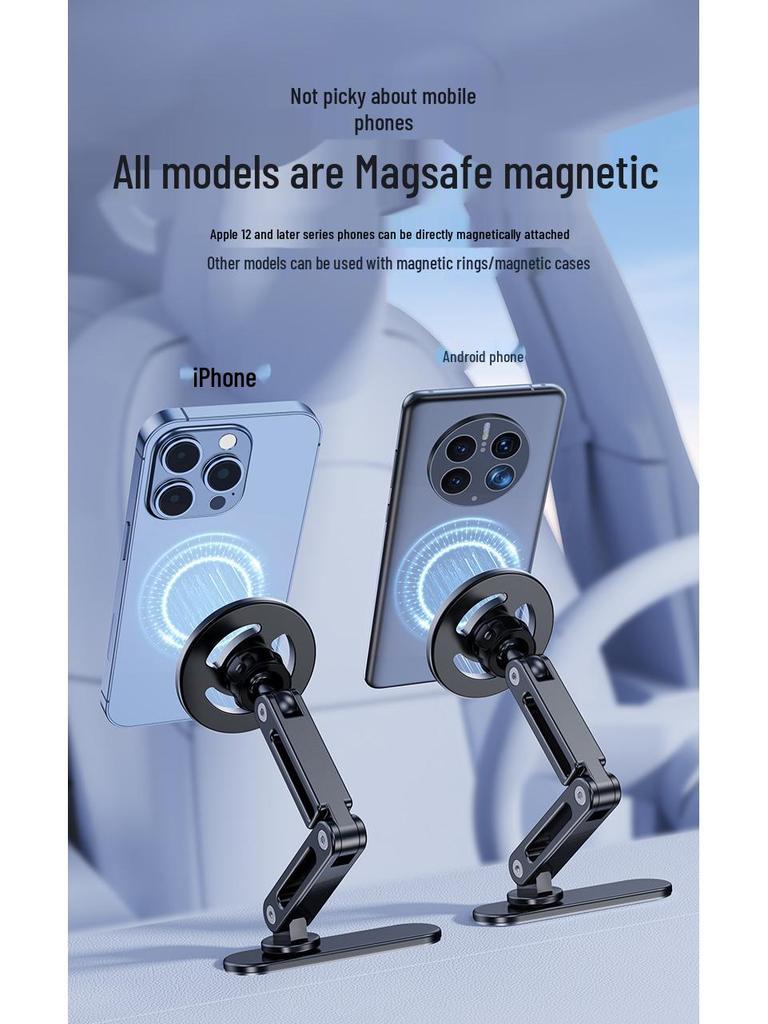 Magnetic Car Phone Holder with Long Base, Curved Dashboard Design, and Foldable Metal Stand