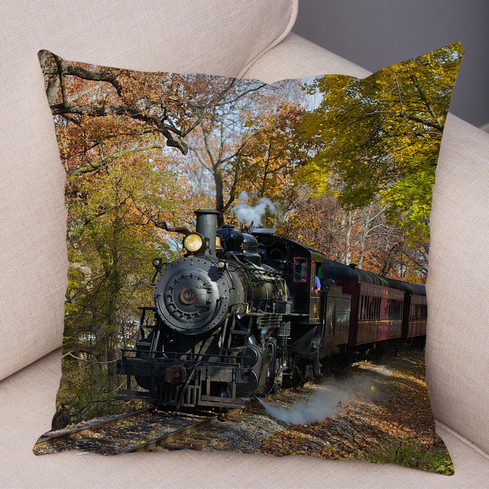 Vintage Style Steam Train Pillow Case Decor Retro Colorful Car Cushion Cover Super Soft Plush Pillowcase for Sofa Home Xcm