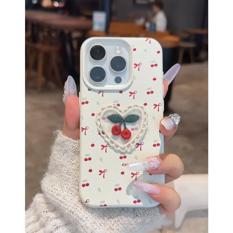 Korean Style Embroidered Cherry Suitable for IPhone15promax Apple 14 Mobile Phone Case 13 Leather Pattern 12 Women 16