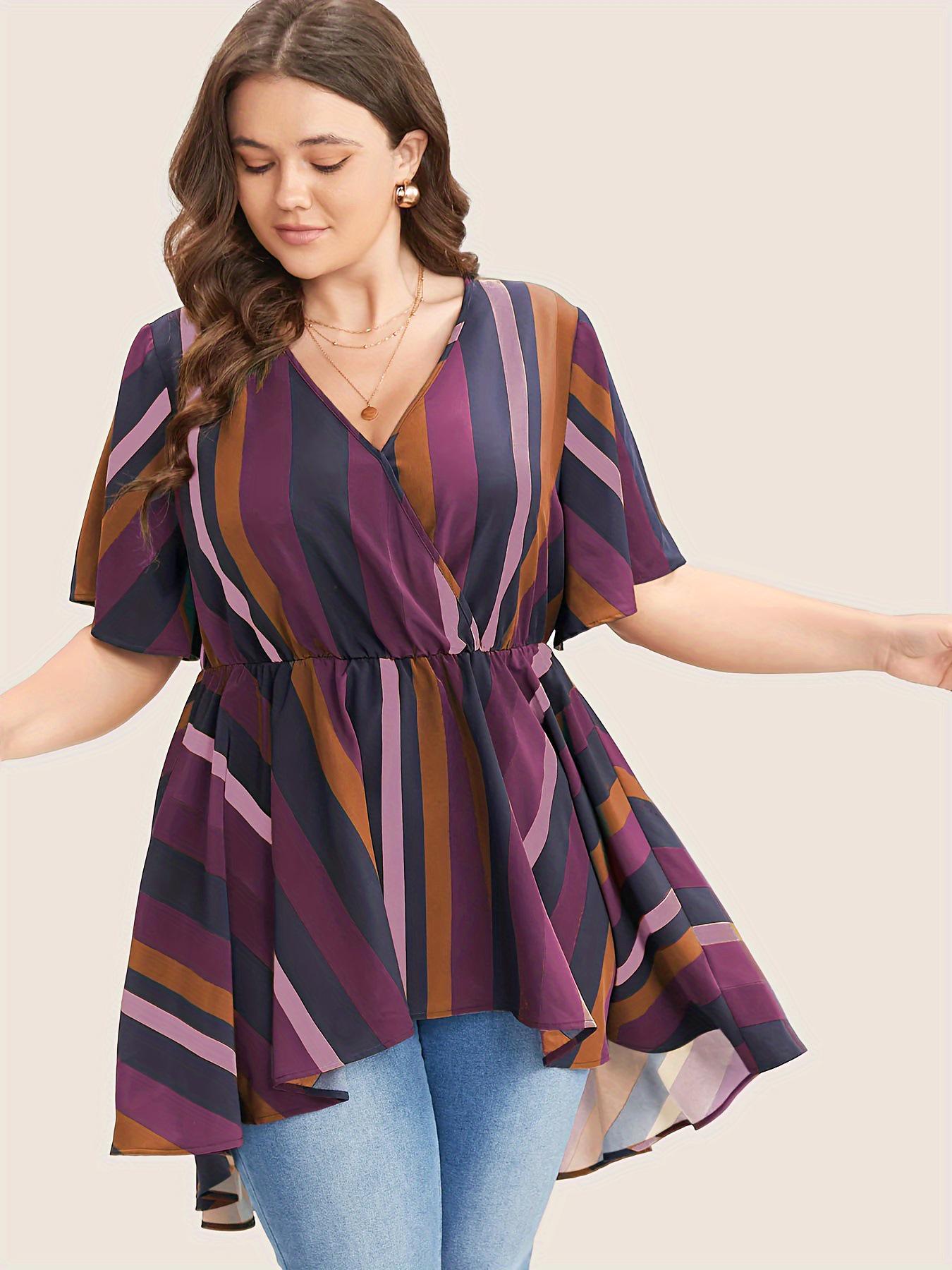 

Plus Size Women s V-neck Striped Waist-Cinching Dress 4XL фіолетовий