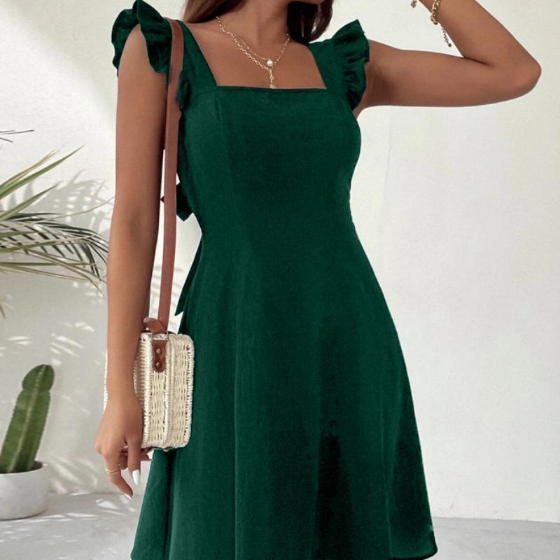 JKASHDK Damenmode Frühling Sommer einfarbiger Druck ärmellos quadratischer Kragen mittlere Taille Freizeitkleider