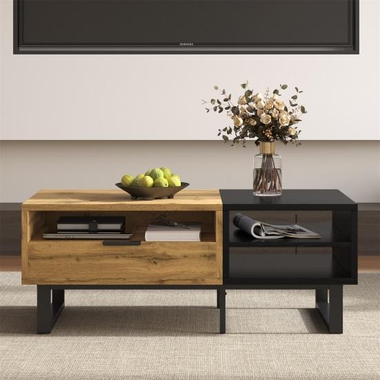 Living Room Table Coffee Table with Color Block Patio Structure Compartments And Drawers Metal Legs Tea