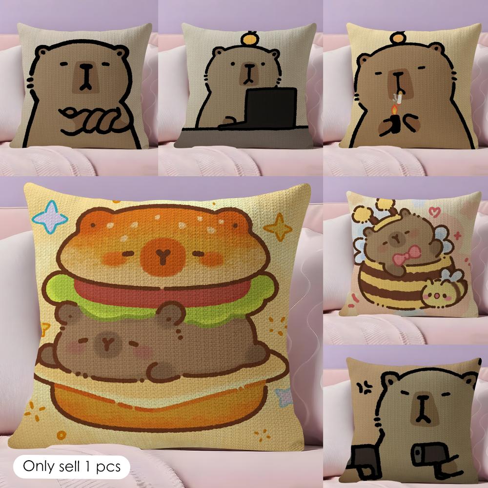 Cute Capybara Cushion Cover Natural Linen Double Sided Print Throw Pillow Case for Sofa Couch Home Decor
