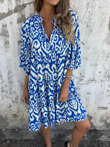 European And American Style Women'S Clothing, Spring And Summer New Four-Sided Elastic Casual V-Neck Printed Pleated Women'S Dress