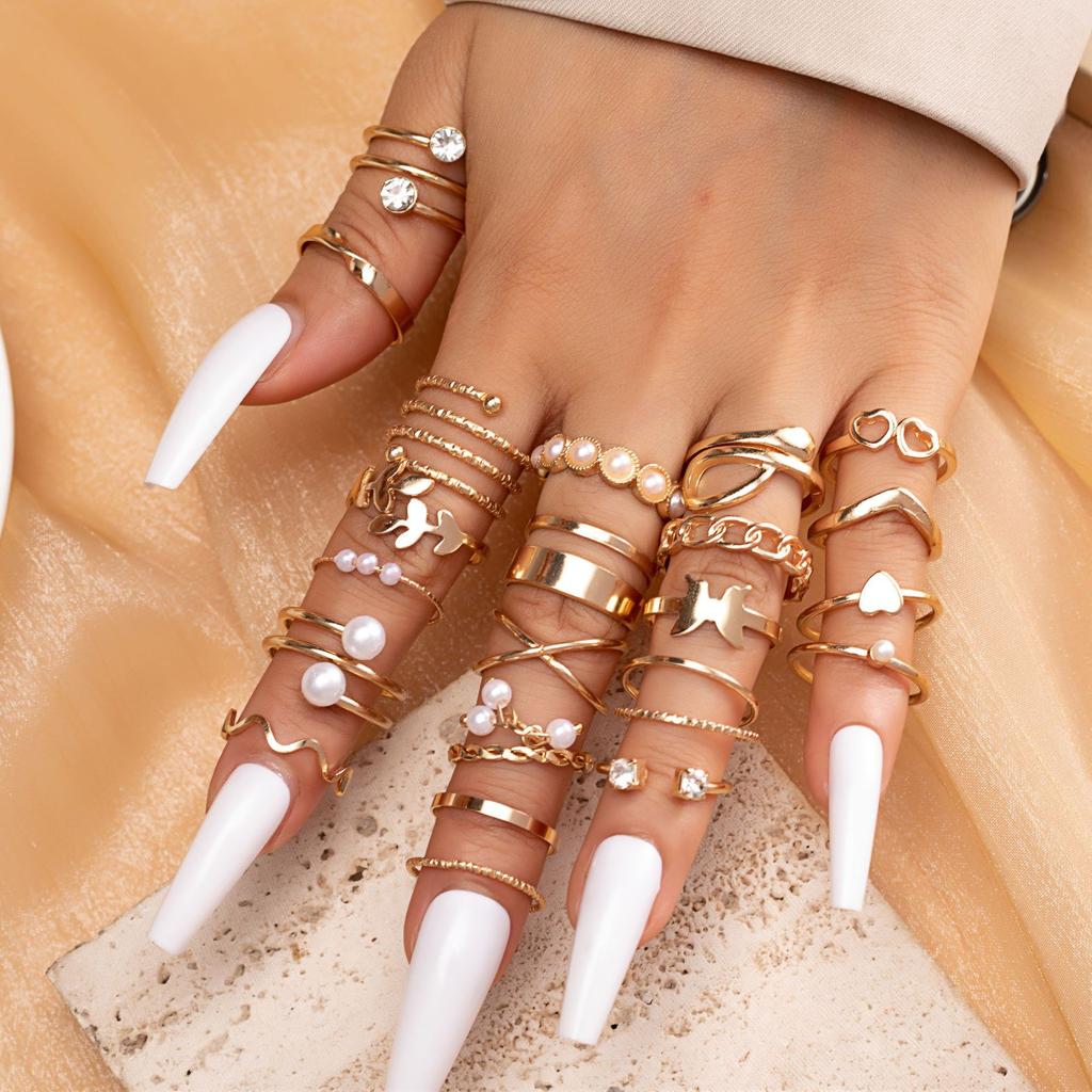 Fashion Gold Pearl Butterfly Love Chain Dot Diamond Multi-Layer Cross 22-Piece Set Ring