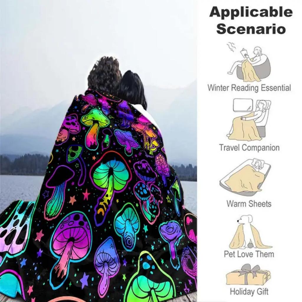 1pc Black Blanket Colorful Mushrooms Printed Flannel Blanket for Home Living Room Bedroom Decoration New Year Christmas Gift