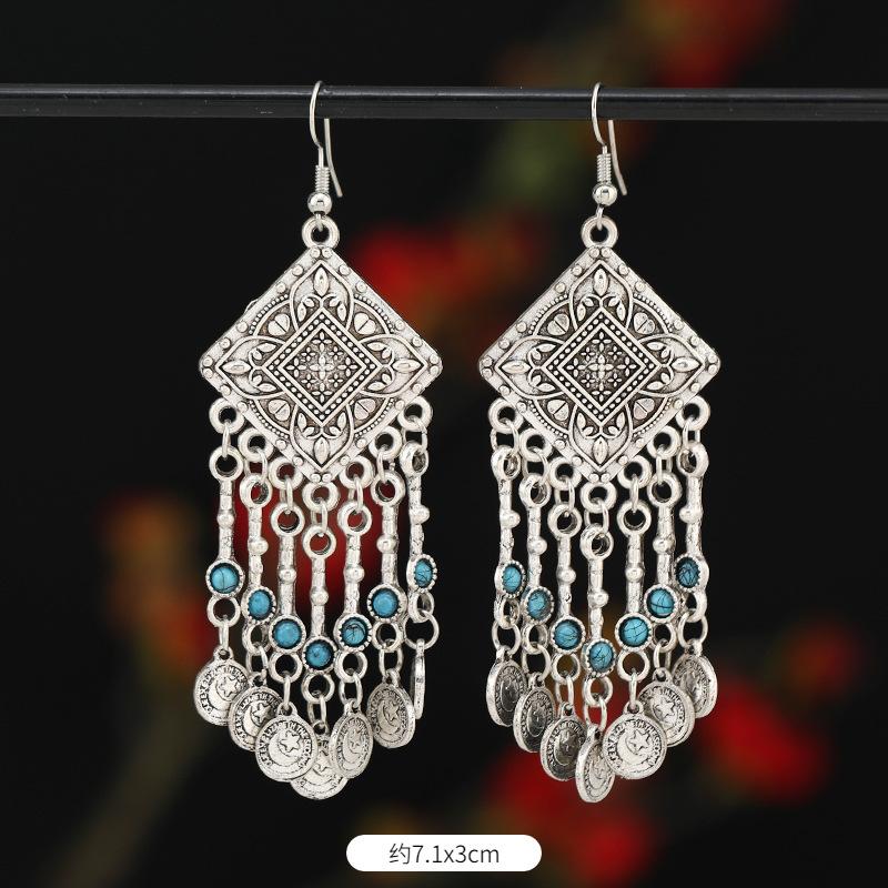 Retro Exotic Ancient Silver Coins Tassel Earrings Women's Long Personalized Earrings Niche Earrings