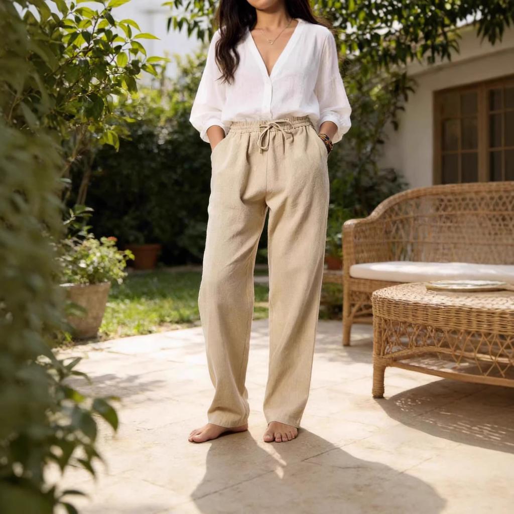 Women's trendy retro casual cotton and linen pants breathable loose straight-leg pants solid color summer daily versatile light and thin trousers