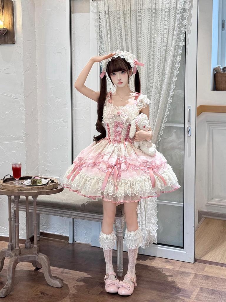 Jundakara Lolita Cosplay Costume JSK Dress with and French Mori Princess Korean Size L 3-Piece Set, Ribbon, Ruffles, Lace-Up Detail, Cute, Dreamy,