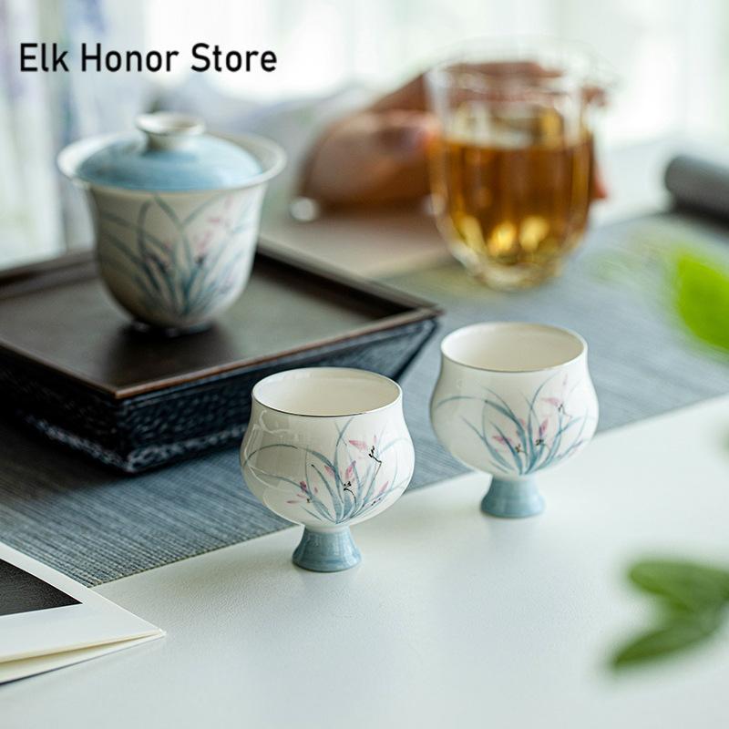 65ml Pure Hand-painted Orchid Ceramic Teacup Drawing Platinum Barbarian Waist Cup High Foot Master Cup Kung Fu Teaware Gifts