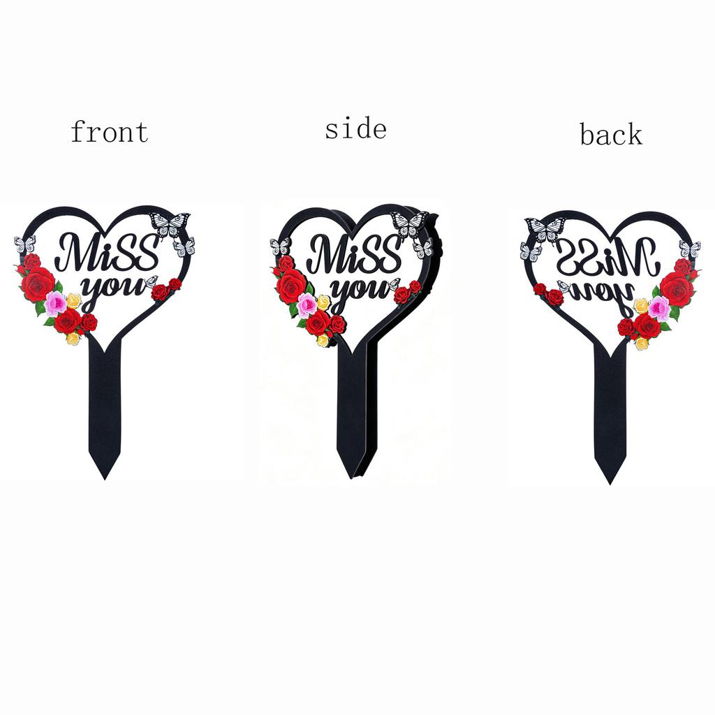 Heart Shaped Memorial Garden Stake with Floral and Butterfly Design Metal Yard Decoration for Outdoor Use Miss You Sign