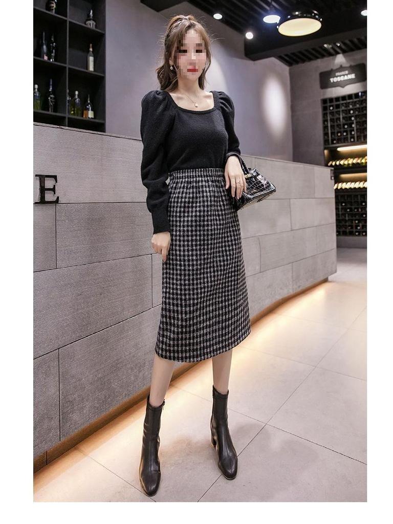 Fustă Midi pentru Femei din Lână cu Dungi Pied-de-Poule Căptușită cu Fleece - Toamnă/Iarnă 2025 Talie Înaltă Cu Șliț Bodycon