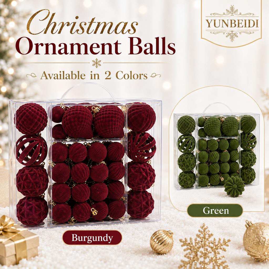 Velvet Christmas Ornament Balls Set 48PCS Plastic Flocked Baubles DIY Christmas Tree Decor Holiday Home Party Hanging Decor