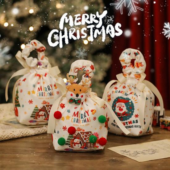 Christmas Gift Bag with Drawstring Reusable Candy Bag for Treats Cookie Goodies Xmas Eve Fruit Storage Bag with Santa Snowman Deer Doll for Xmas Party