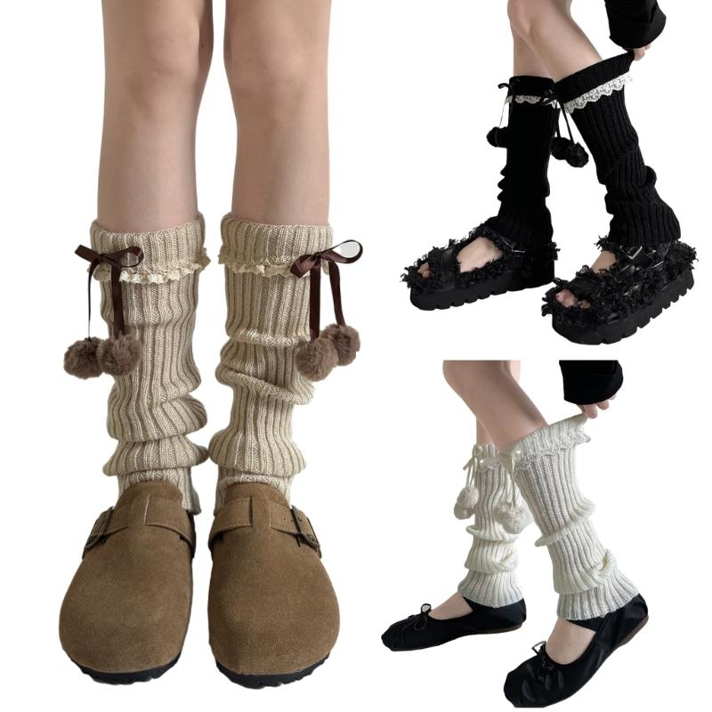 Fashionable Plush Balls Bows Adorned Leg Warmers with Lace Details for Women's Knitted Turn Cuffs Leg Covers Sleeves