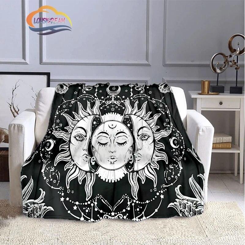 Pentacle & Moon flanellfilt, Skull Witchy Wicca Pagan Black and White Mystical Gothic Solfilt