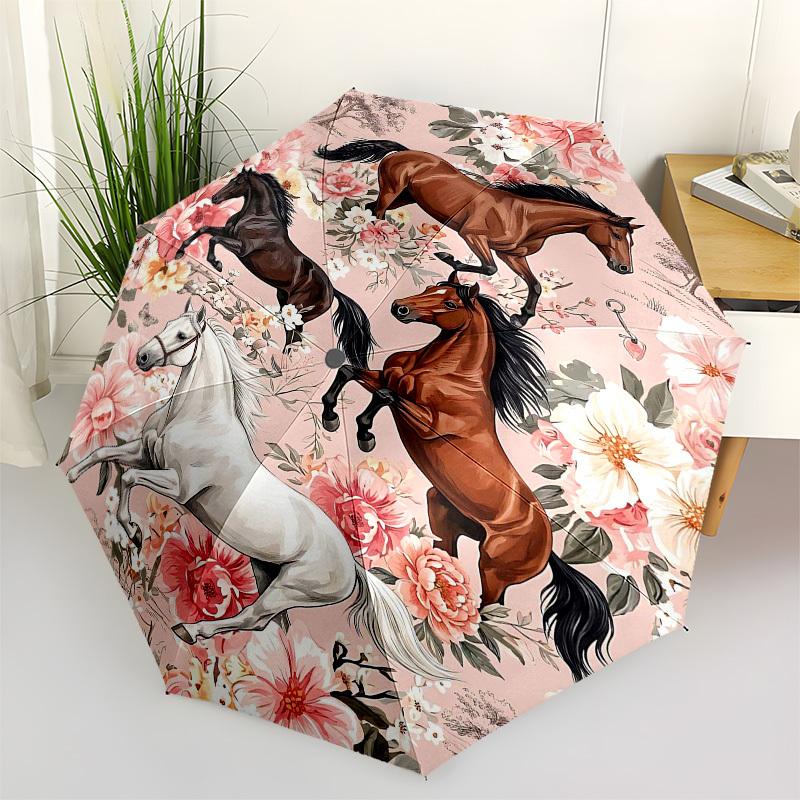1 Stück Pferde Blumen Schirm - 8 Speichen verstärkt, Automatisches Öffnen, Leicht & Langlebig, Modeaccessoire für Draußen, Strand L0386