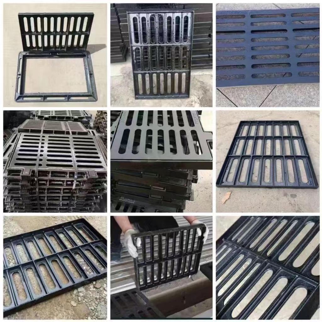 Complete Set: Ductile Iron Rainwater Manhole Cover with Cast Iron Base and Rectangular Sewer Grate.