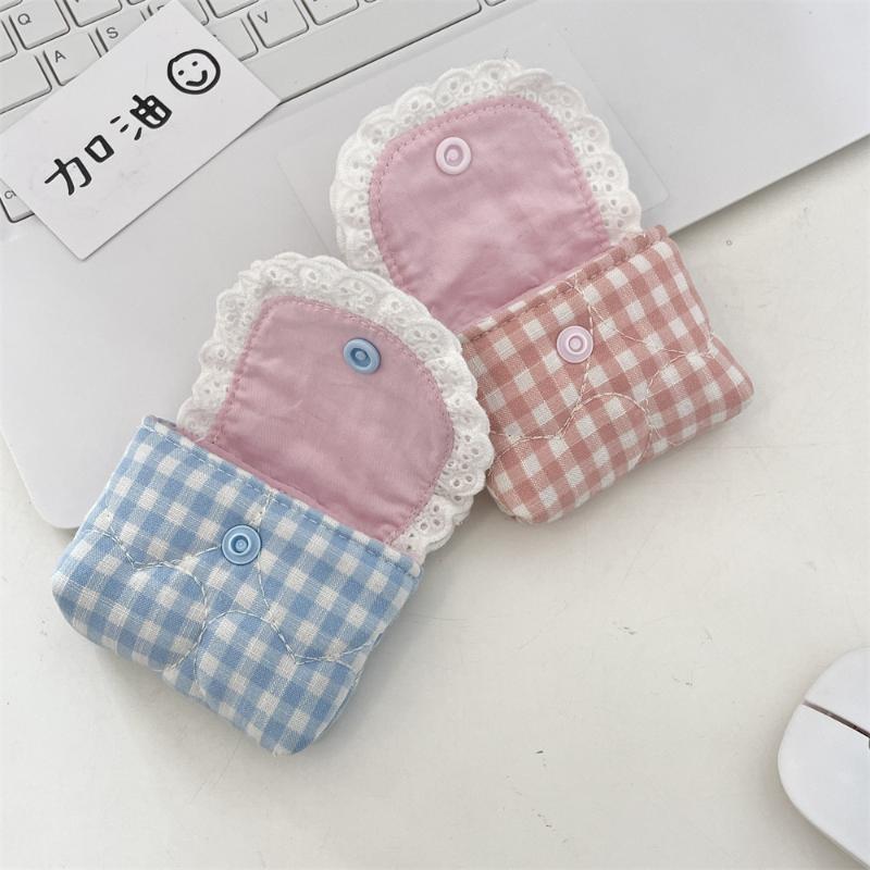 Mini Cute Sweet Lace Floral Coin Purse  Pink Blue Plaid Headphone Protective Case Girls Portable Small Storage Bag