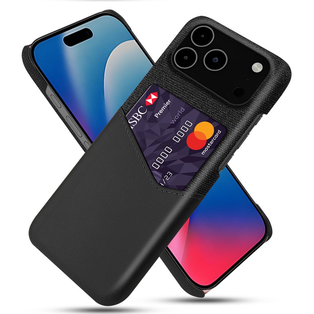 Pro pouzdro na iPhone 17 Pro Max PU kůže látková textura tvrdý PC kryt na telefon s držákem na karty