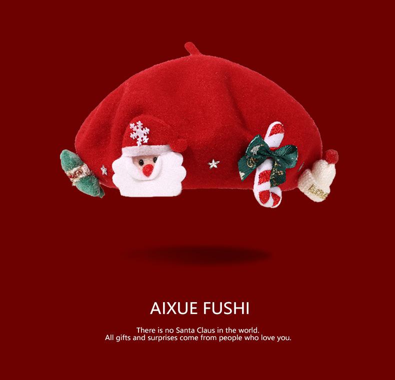 Unisex Winter Character Christmas Bow Beret New Fashion Korean Style Wool Artist Hat Sweet Holiday Red Trendy