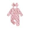 Citgeett Autumn Newborn Baby Girl Fall Romper Print Long Sleeve Zipper Ruffled Footed Jumpsuit Headband Clothes