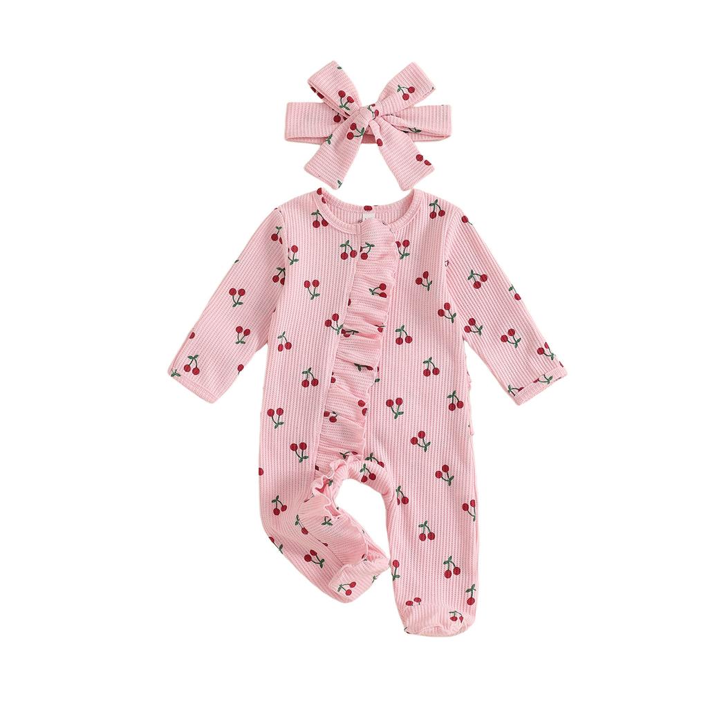 Citgeett Autumn Newborn Baby Girl Fall Romper Print Long Sleeve Zipper Ruffled Footed Jumpsuit Headband Clothes