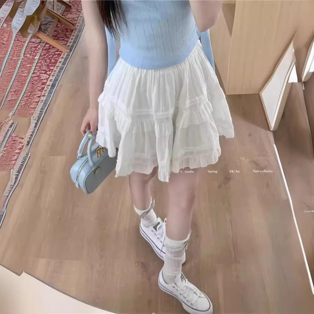 

Women s High Waist White Ruffled Midi Skirt - 2025 Petite A-line Fluffy Cake Skirt XS чёрный