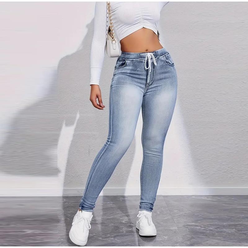 High Stretch Drawstring Denim Inspired Leggings for Women High Waist Slim Fit Lifted Buttocks Solid Color Tight Pants 2025 Spring